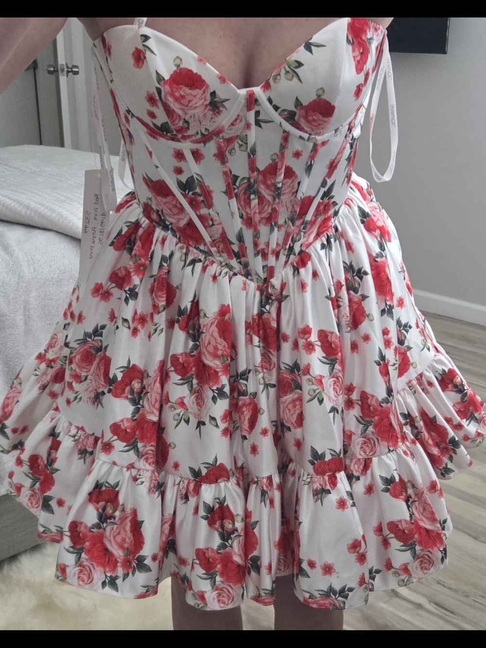 Floral Corset Strapless Dress in White and Red - Jovani